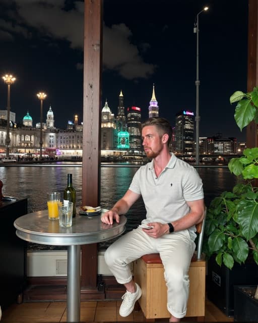 AI-generated dating profile photo: man at a waterfront café with a city skyline at night