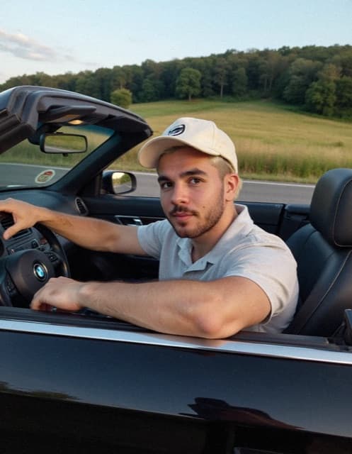 AI-generated dating profile photo: man at the wheel of a convertible
